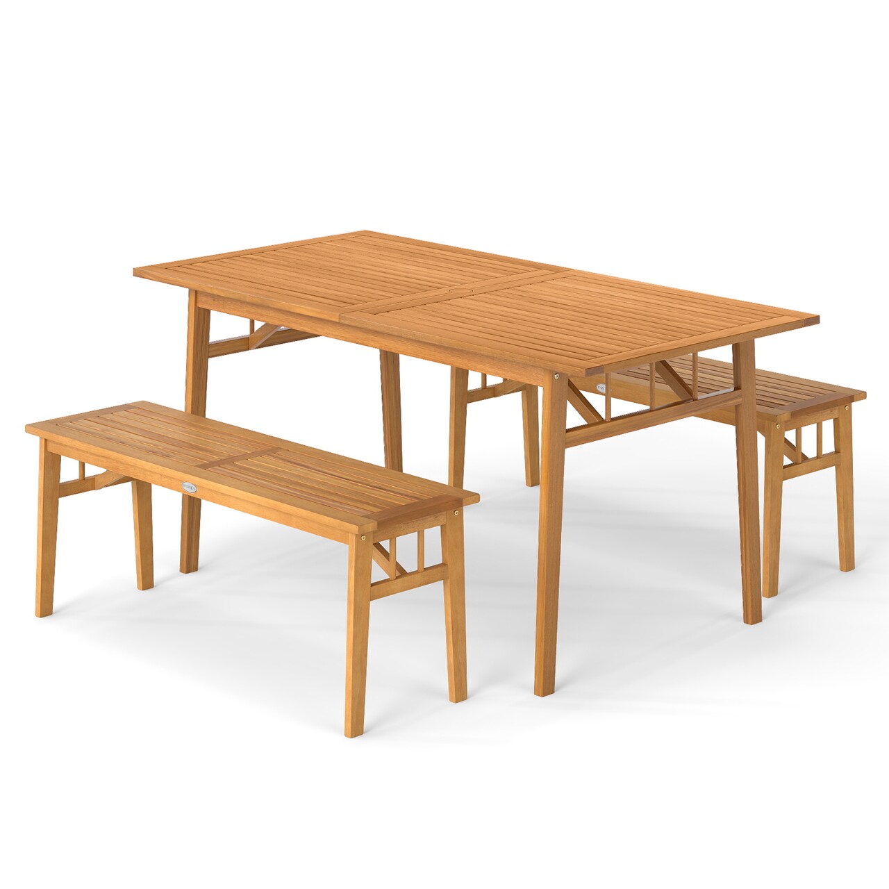 Acacia Wood Patio Picnic Table Set With 2 Benches Umbrella Hole Natural